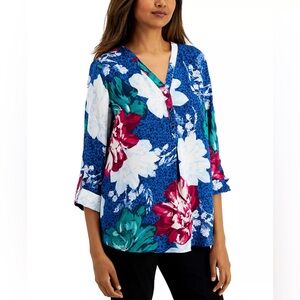 NWOT JM Collection Women’s Floral Print Cuffed-Sleeve Blouse M